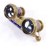 A pair of 19th century French gilt-brass and blue enamel opera glasses, circa 1860, fold-out