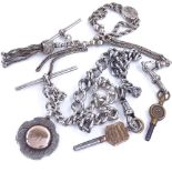 Silver graduated curb link Albert chain with T-bar and fob, and another silver fancy link Albert,
