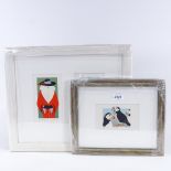 Linda Hill, 3 colour screenprints, puffins and fashion studies, signed in pencil, image 2.5" x 3.5",