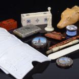 A mixed group of items, including miniature circular enamel box, 2cm across, lithophane curved