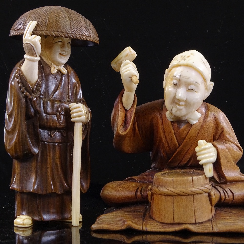 2 Japanese carved wood and ivory figures, Meiji Period, tallest height 10cm - Image 2 of 3