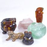 A group of Chinese hardstone carvings, including a tiger iron incense burner and cover, height