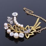 An early 20th century unmarked gold pearl and diamond floral spray brooch, purportedly retailed by