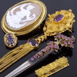 Various jewellery, including Victorian cameo, amethyst tassel brooch, ruby hair slide brooch etc Lot