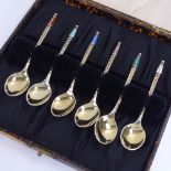 ANTON MICHELSEN - a set of 6 Danish vermeil sterling silver and harlequin enamel coffee spoons,