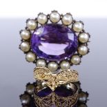 A 14ct gold wishbone filigree dress ring, size M, 1.4g, and an unmarked gold amethyst and pearl