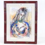 Watercolour, portrait of a bride, indistinctly signed, 16" x 11", framed Good condition