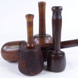 A 19th century lignum vitae wood carving mallet, length 35cm, and 3 other 19th century mallets (4)