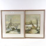 Andrei Shishayev, pair of watercolours, village scenes, 15" x 11", framed Slight paper