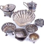 Various silver, including shell shaped butter dish, salt cellars, mustard pot etc, 7oz weighable