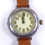 A First War Period silver-cased Officer's trench mechanical wristwatch, white enamel dial with