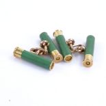 A pair of unmarked gold and green enamel shotgun cartridge cufflinks, cartridge length 19.6mm, 10.9g