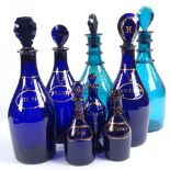 A group of 8 various Bristol blue and green glass decanters and condiment bottles, with painted