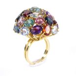 A large gem-set bombe ring, circa 1980s, gemstones include amethyst, garnet, citrine, aquamarine