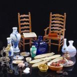A collection of miniature doll's house ornaments, furniture, ceramics, chairs etc Most items in good