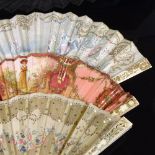 3 19th century French gilded bone fans with hand painted screens