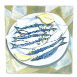 Clive Fredriksson, oil on canvas, mackerel, unframed, 22" x 22" Good condition