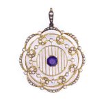 A Victorian 15ct gold amethyst and split pearl openwork pendant, pendant height excluding bale 43.