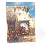 Early 20th century oil on card, Middle Eastern street scene, indistinctly signed, 15" x 10.5",