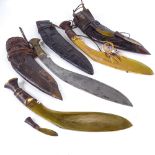 3 early 20th century Nepalese kukri knives, original leather scabbards, all with brass-mounted