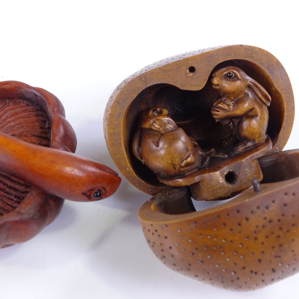 A group of Japanese carved wood netsuke and okimono, including a rat carrying a backpack, height 6cm - Image 2 of 3