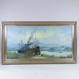 Oil on canvas, impressionist docklands scene, signed Marie, 16" x 32", framed Very good condition