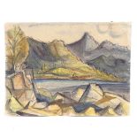 Watercolour, cubist style, landscape, signed with monogram RW '58, 11" x 15", unframed Slight