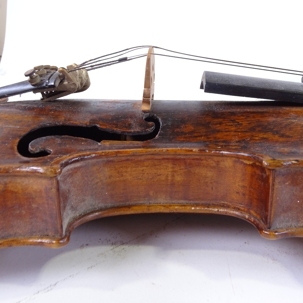 An 18th century violin, indistinct label with date 1703/09?, back length 35cm, with bow and case - Image 13 of 15