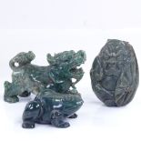 3 Chinese carved green hardstone animals, dragon length 8cm