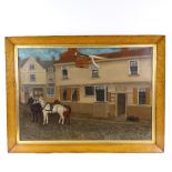 19th century oil on canvas, a coaching inn, unsigned, 21" x 30", maple frame Re-lined with some