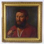 18th century oil on wood panel, portrait of a man with a bugle, unsigned, 19" x 18.5", framed