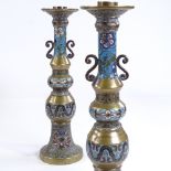 A pair of Chinese bronze and champleve enamel candlesticks, height 30cm Good condition
