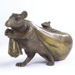 A Chinese bronze rat carrying a bag, inscribed, length 13cm