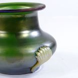 LOETZ - green iridescent glass vase with applied coloured glass mounts, height 10cm, rim diameter