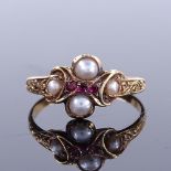 A Georgian unmarked high carat gold ruby and split pearl dress ring, with foliate engraved