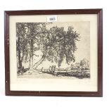 German School engraving, canal scene 1930, indistinctly signed, plate 8.5" x 11", framed Slight