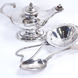 Various silver and plate, including stylised silver tea strainer, Scottish Fiddle pattern
