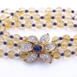 A late 20th century citrine and sapphire bead bracelet, with diamond and cabochon sapphire set