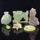 A group of Chinese jade and hardstone carvings, including a jade 2-handled vase, height 6cm