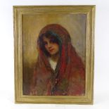 Late 19th/early 20th century oil on canvas, girl wearing a shawl, unsigned, 24" x 19", framed Good