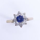 A late 20th century 18ct gold sapphire and diamond cluster flowerhead ring, total diamond content