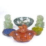 A group of Chinese jade and hardstone carvings, including a floral carved stone pot and cover, 8cm
