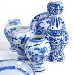A group of 18th century Delft Pottery, including a double-gourd vase, height 29cm All pieces have