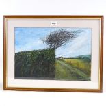 Simms, mixed media, hedgerow, Exhibition label verso, 12" x 17.5", framed Good condition