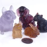 A group of moulded coloured glass Bulldogs and other animals, purple glass Bulldog height 7cm