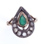 An Antique unmarked gold emerald and rose-cut diamond pear-shape ring, setting height 19mm, size
