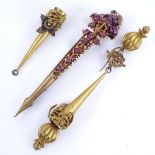 Various 19th century unmarked yellow metal jewellery, including hair slide ruby brooch, and