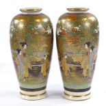 A pair of Japanese Satsuma porcelain vases, mid-20th century with hand painted and gilded