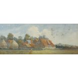 J Owen, watercolour, farm buildings, signed, 5.5" x 14", framed Light foxing