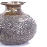 An Indian silver squat vase, allover intricate relief embossed and engraved floral and foliate